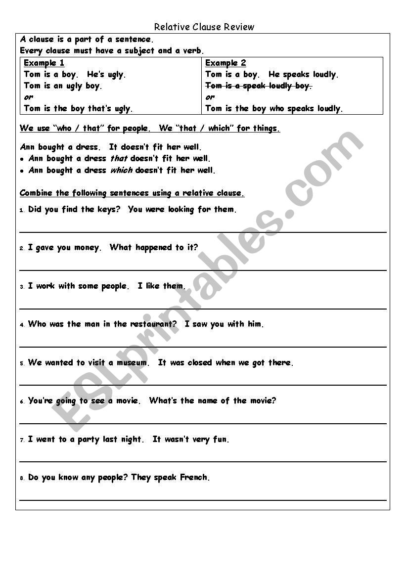 Relative Clause Review worksheet