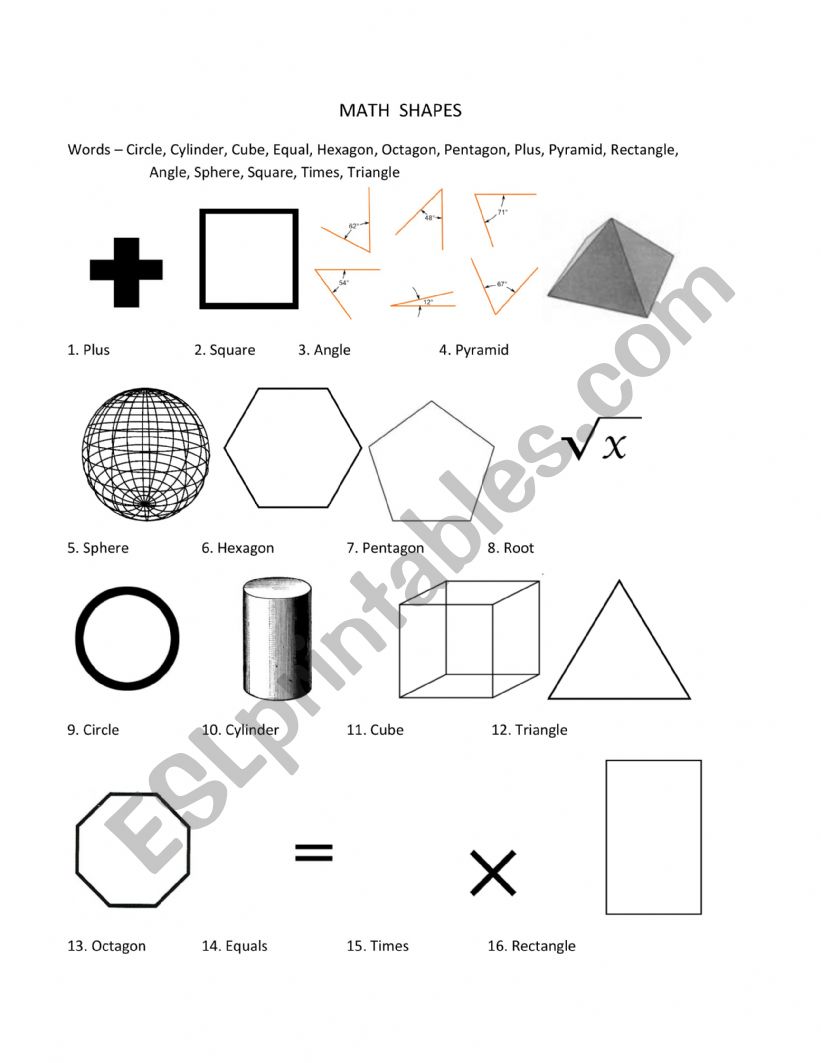 Shapes and Math in English worksheet
