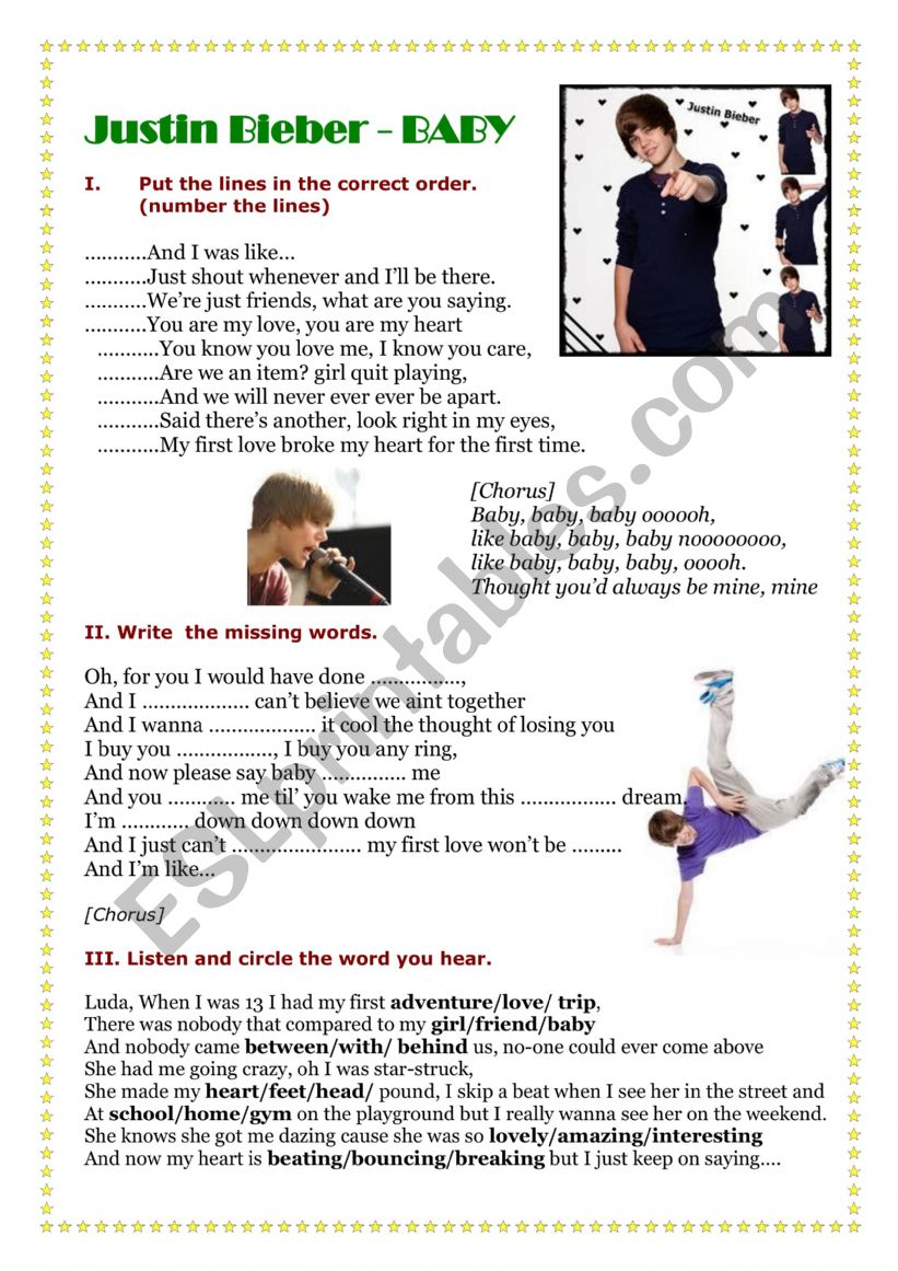 One time by Justin Bieber: English ESL worksheets pdf & doc