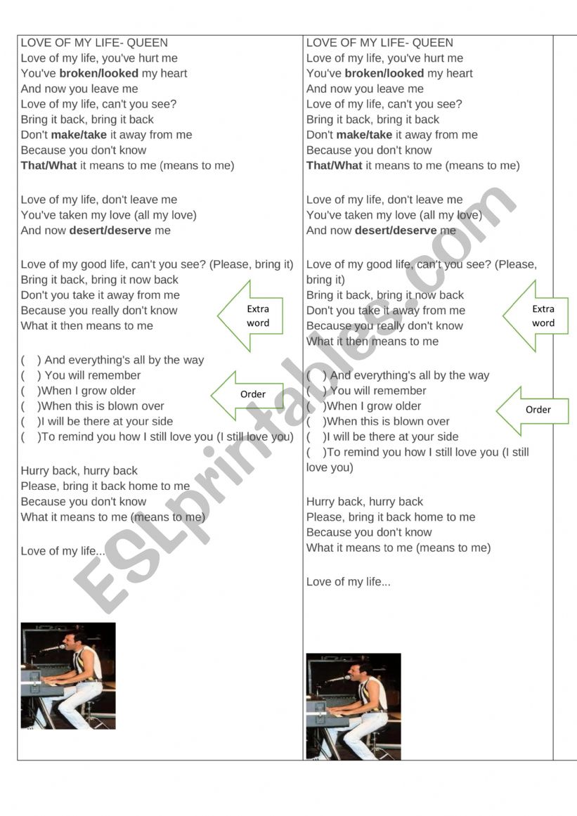 Love Of My Life worksheet