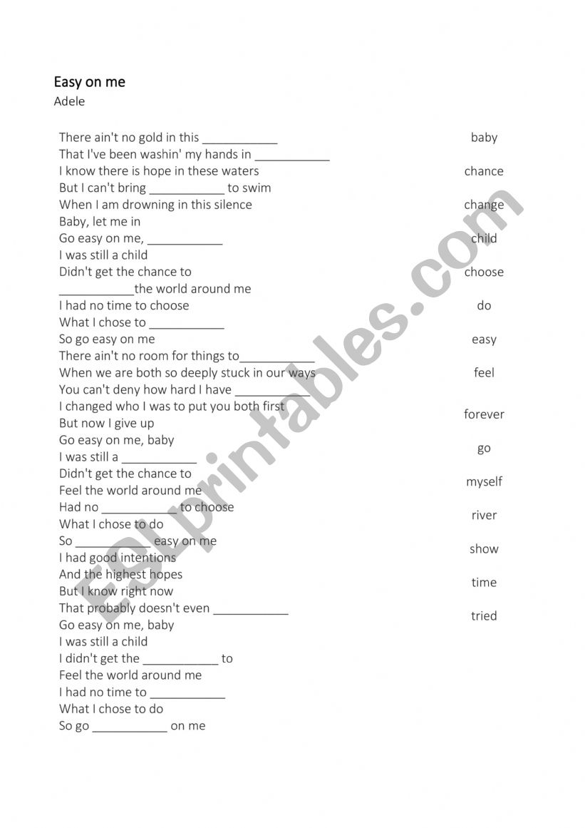 Easy on me - Song worksheet