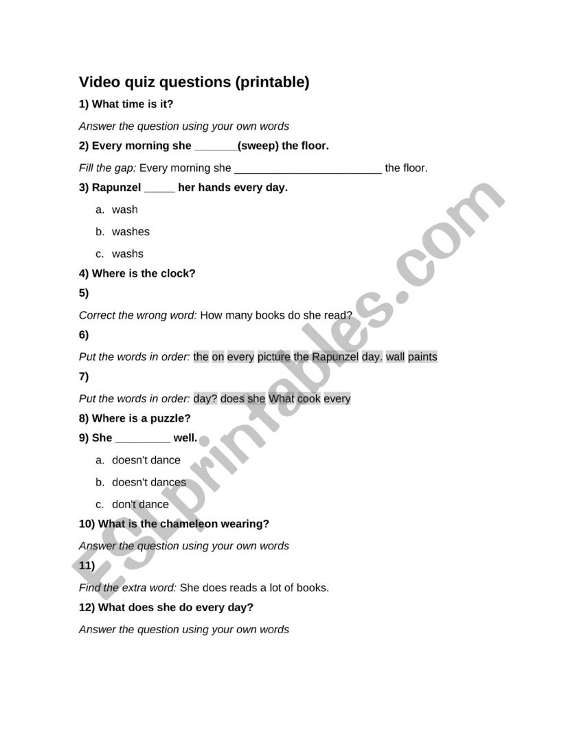 Daily activities Rapunzel worksheet