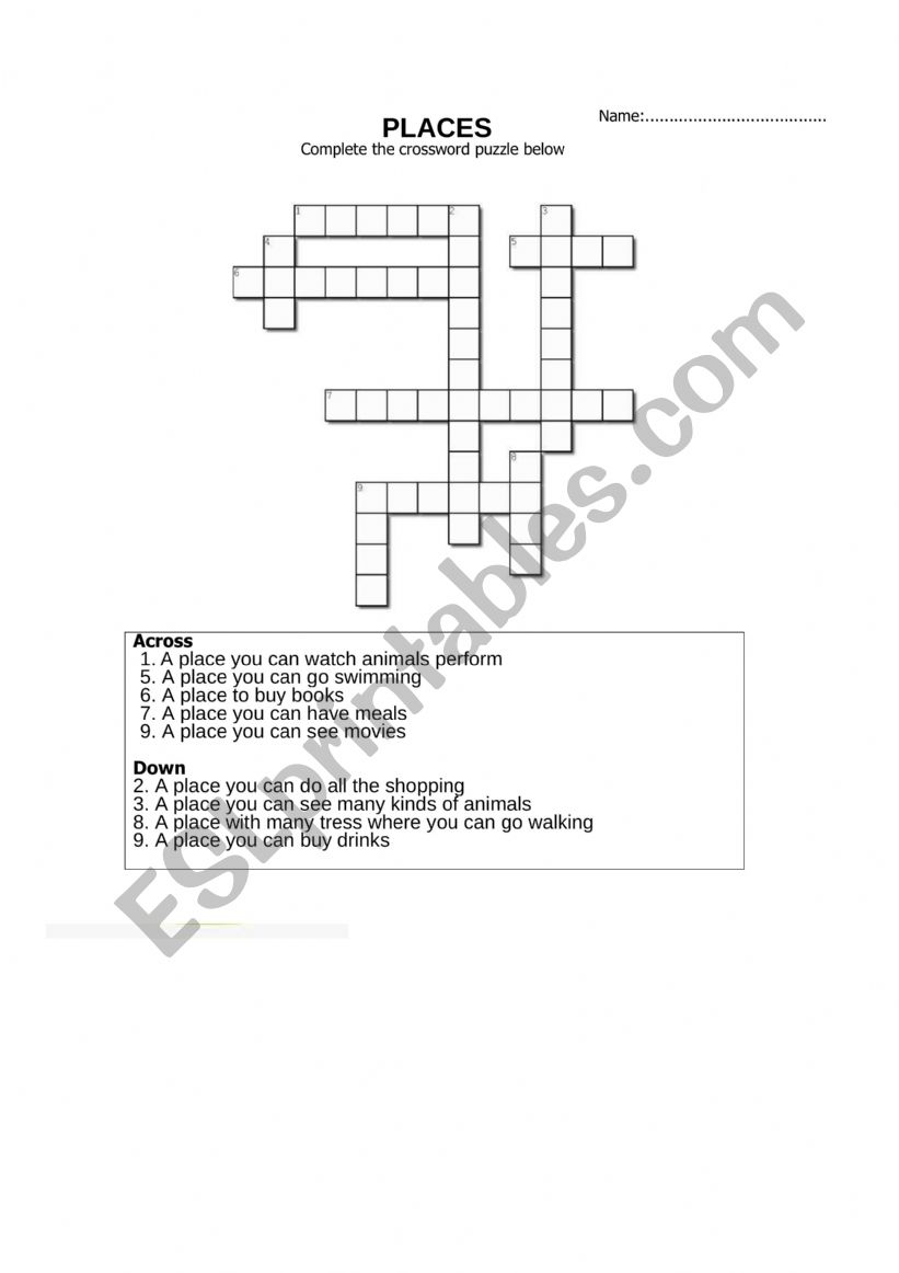 PLACES-CROSSWORD PUZZLE worksheet