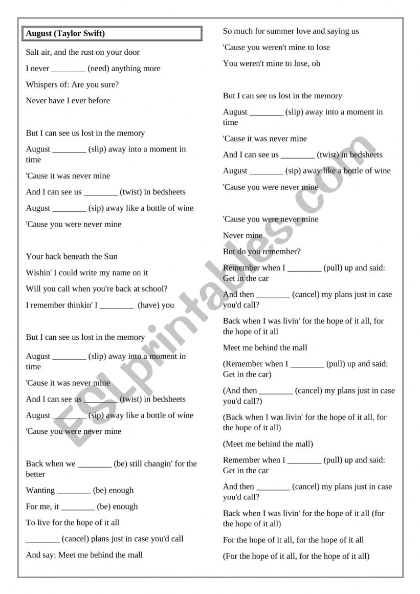 August (Taylor Swift) worksheet