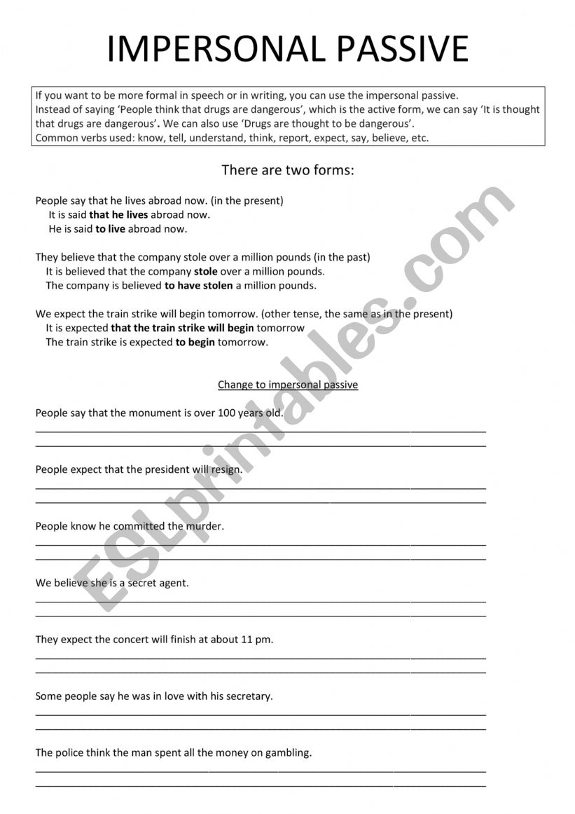 IMPERSONAL PASSIVE worksheet