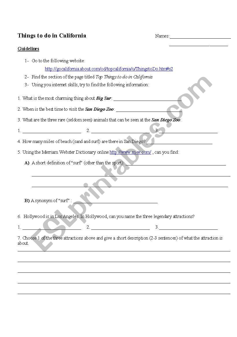 Things to do in california worksheet