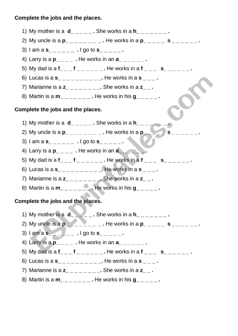 JOBS and PLACES worksheet