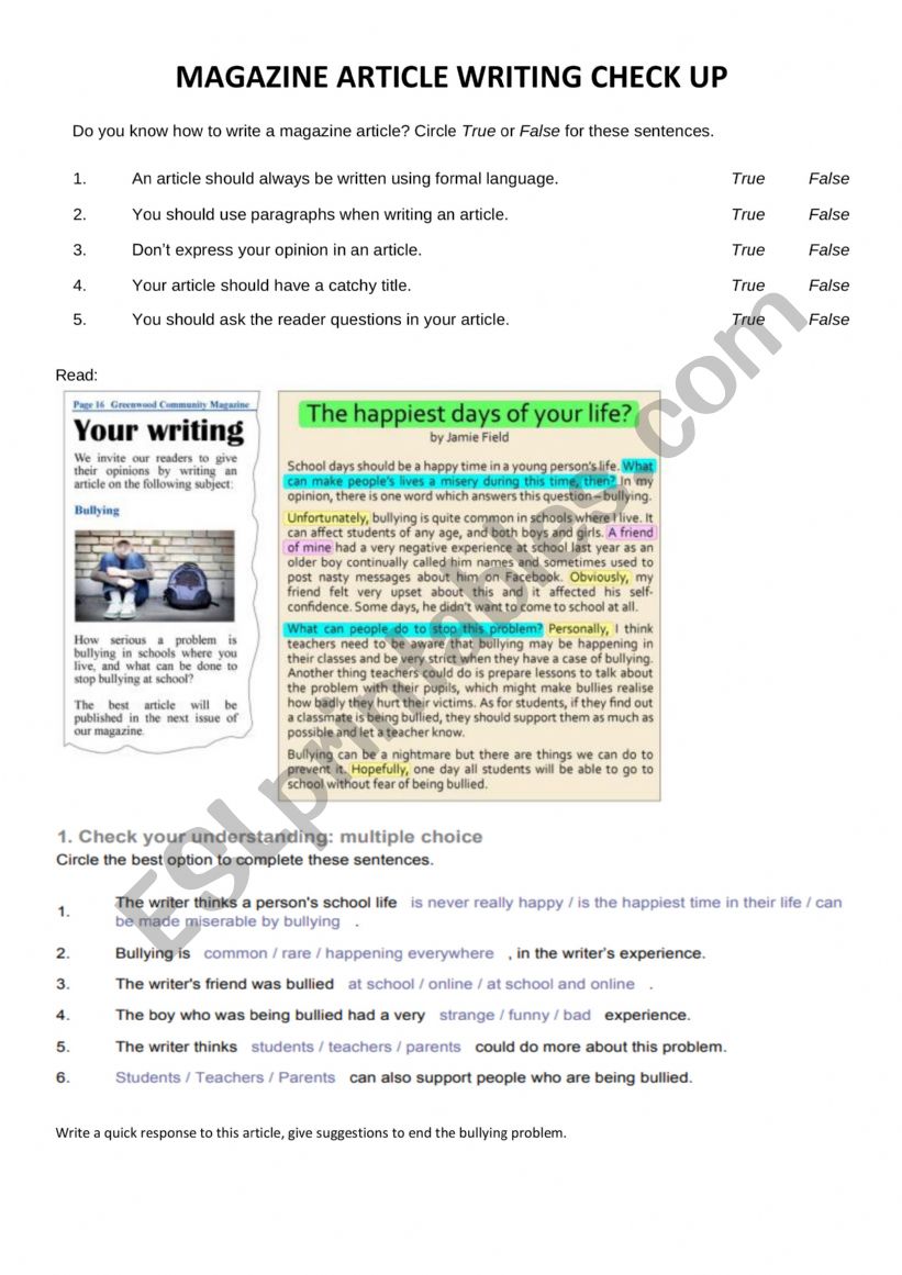 Magazine Article Check Up worksheet