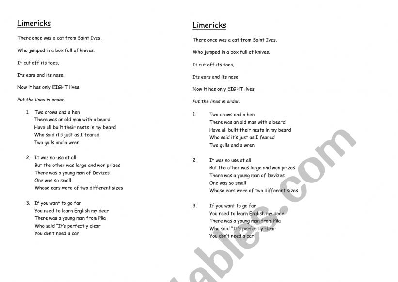 English worksheets: Limericks