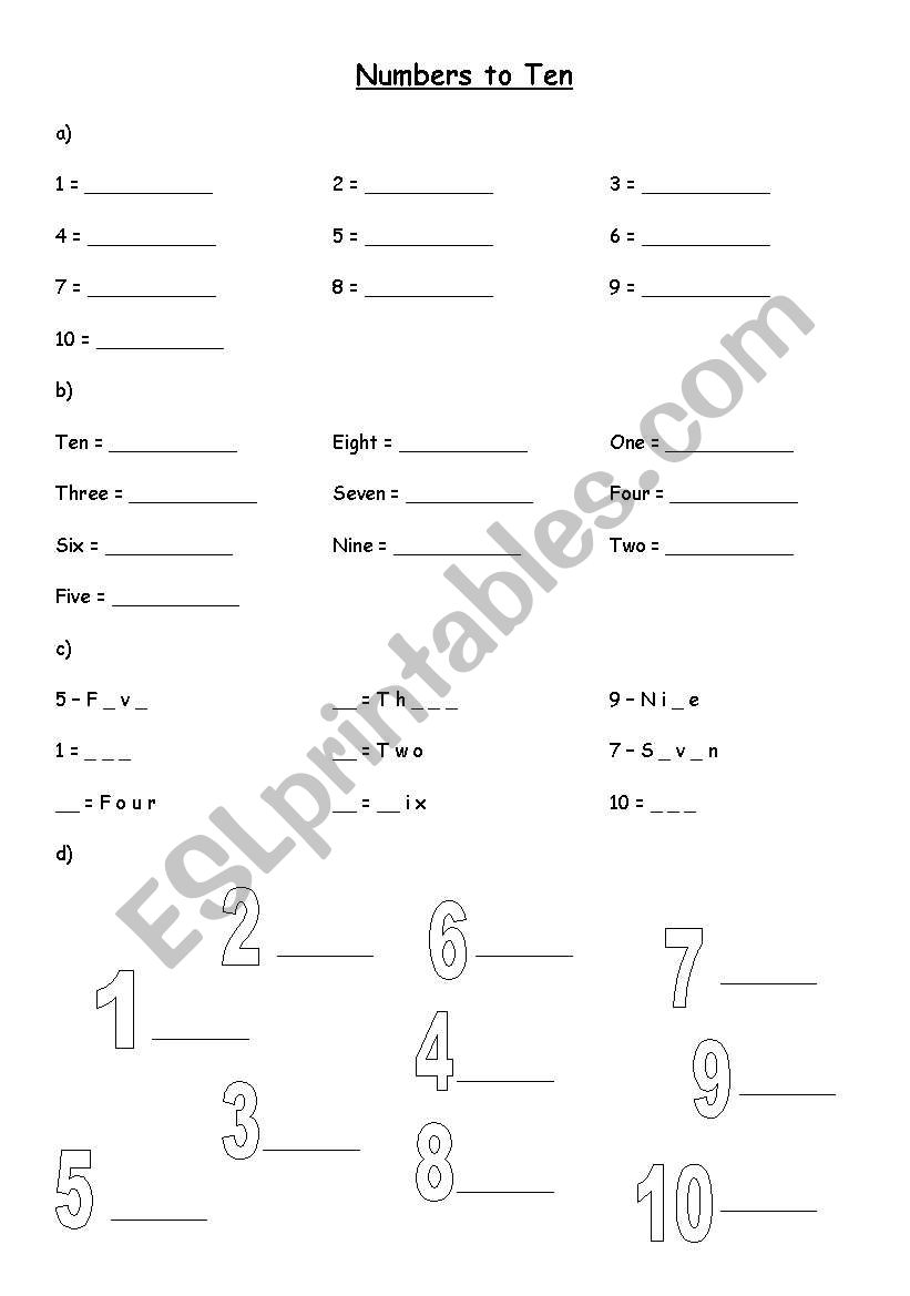 Numbers to 10 worksheet