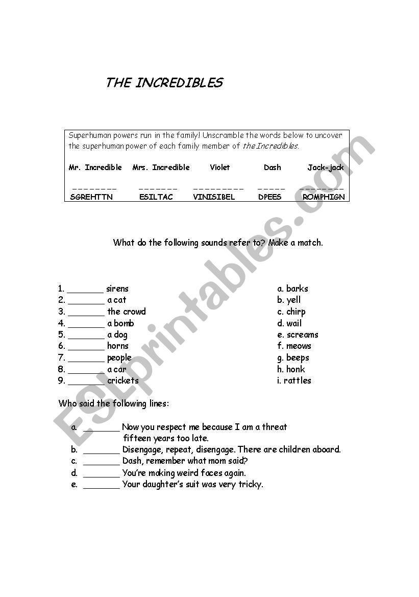 THE INCREDIBLES  worksheet