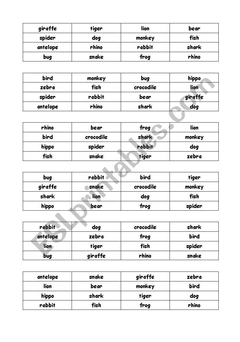 Bingo cards with animals worksheet