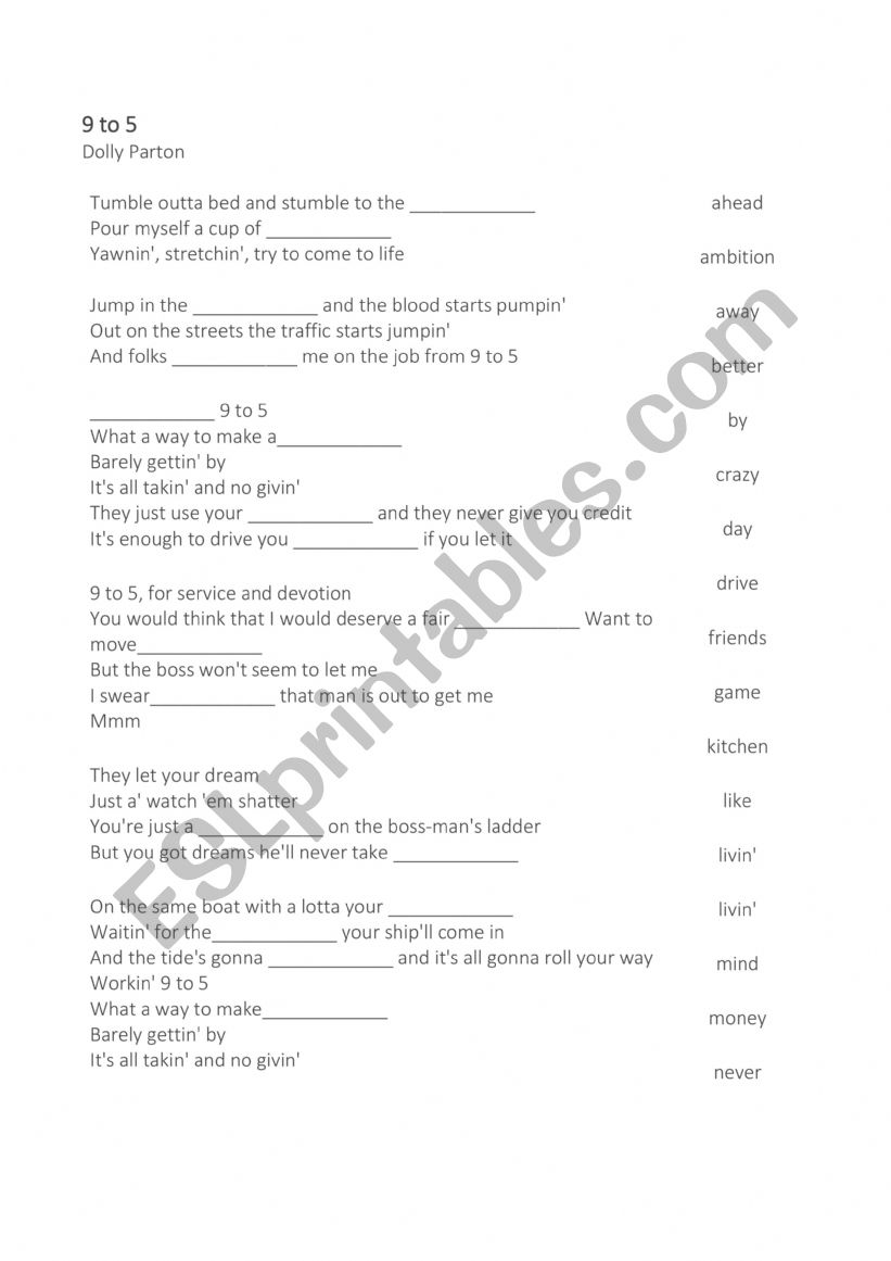 9 to 5 - Dolly Parton worksheet