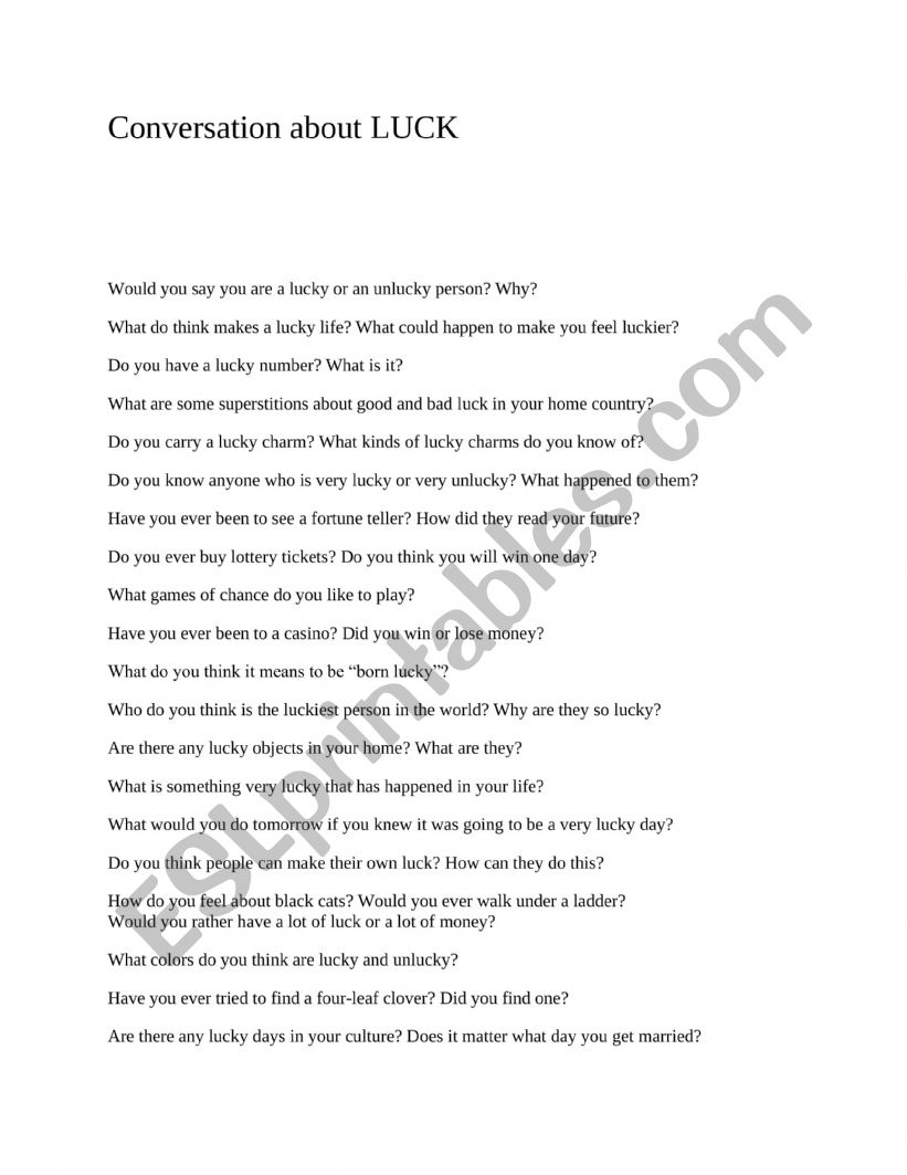 English worksheets: conversation about LUCK