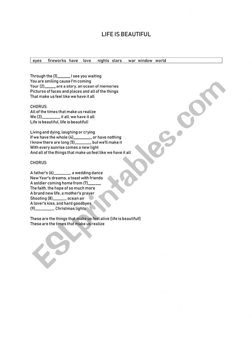English Worksheets Song Life Is Beautiful english-worksheets-song-life-is-beautiful