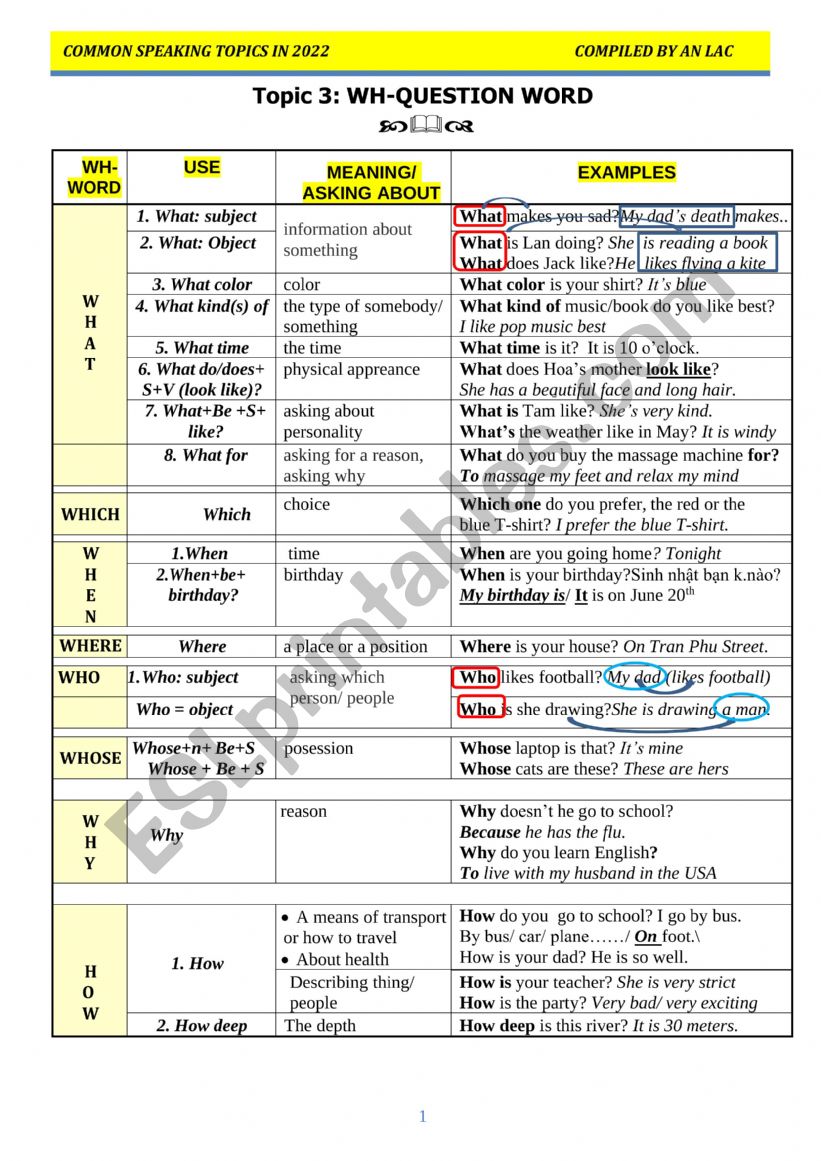 Wh-question word (update) worksheet