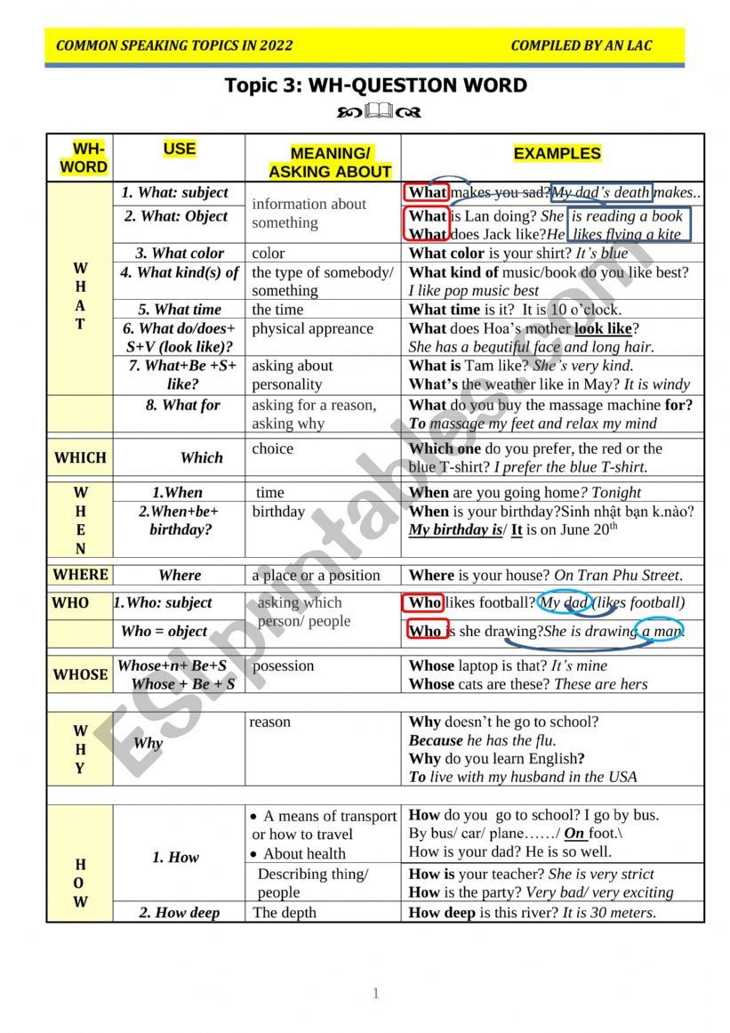 Wh-question word (update) worksheet
