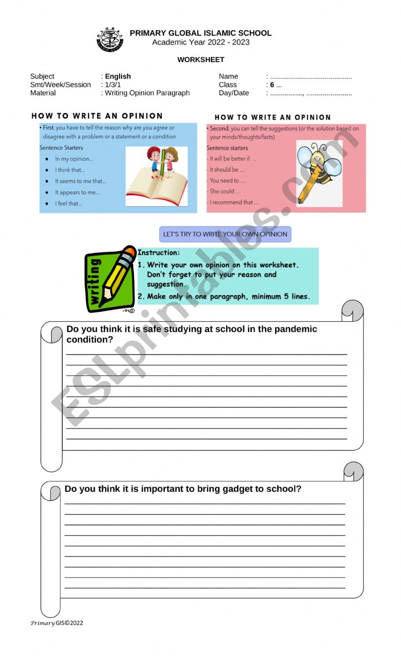 English Worksheets Writing Opinion Paragraph