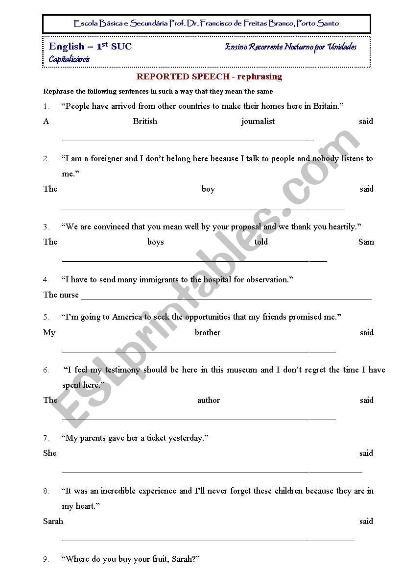 Reported Speech worksheet