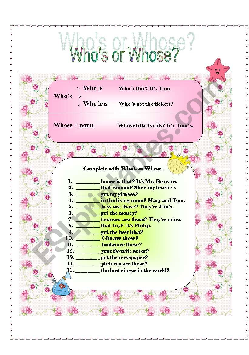 Whos or Whose? worksheet