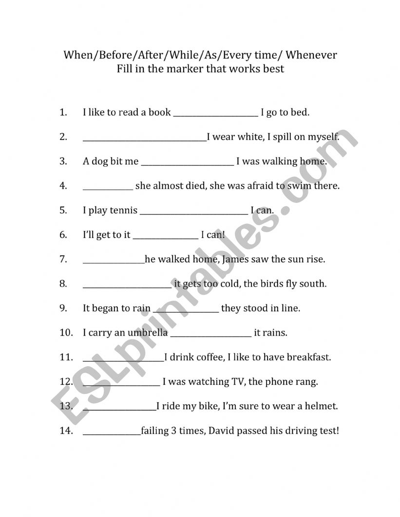 English worksheets adverbial clauses of time