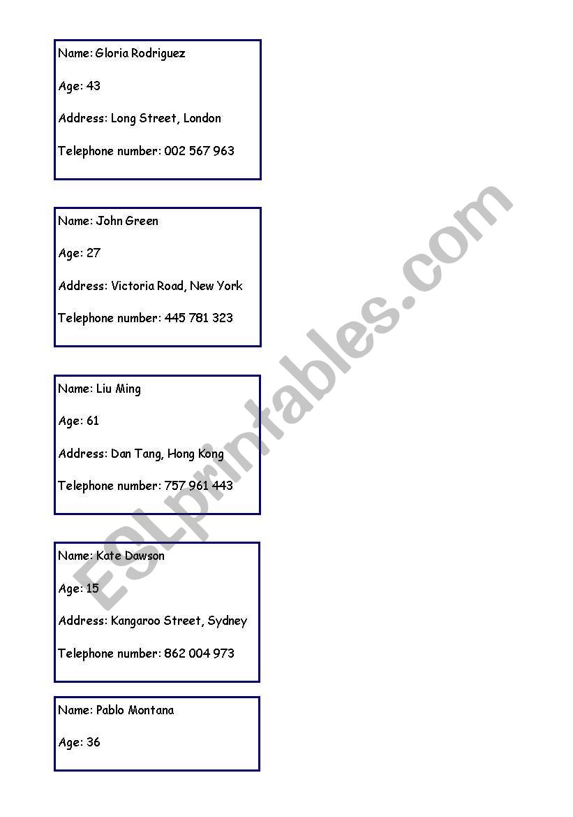Personal information cards worksheet