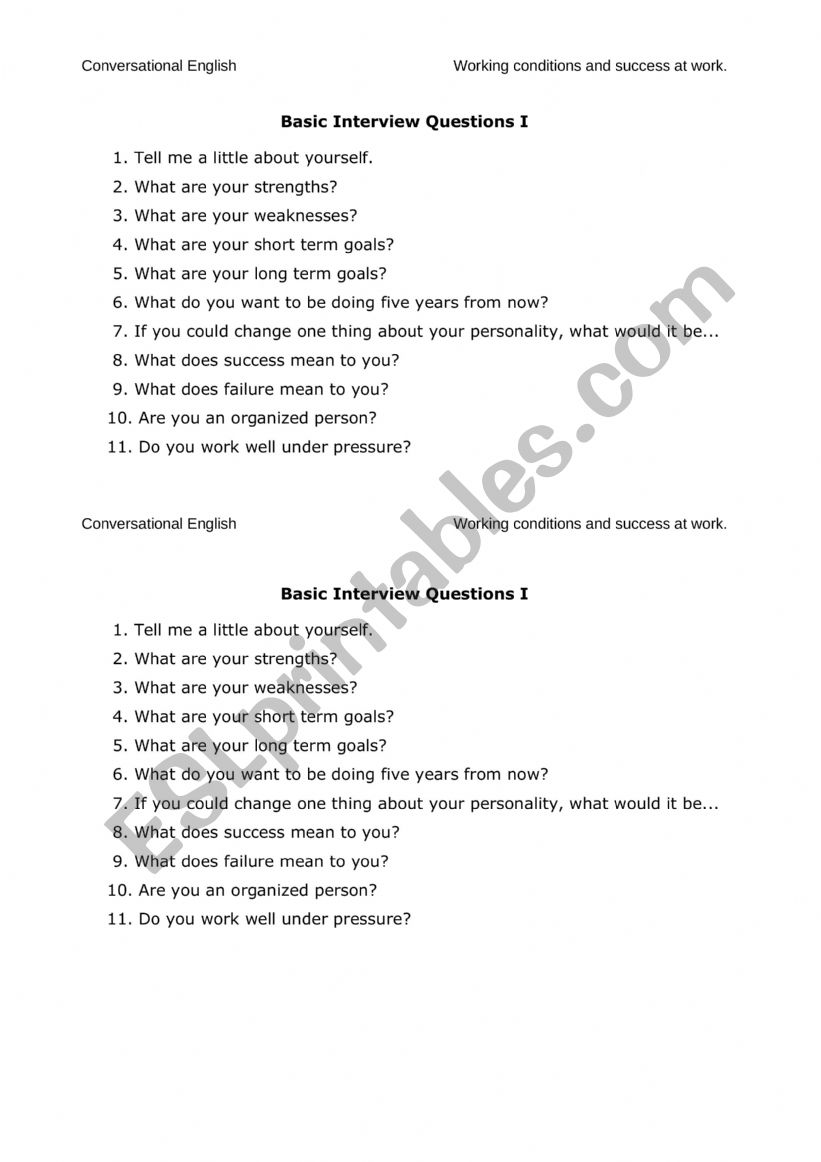 Basic Job interview Questions worksheet