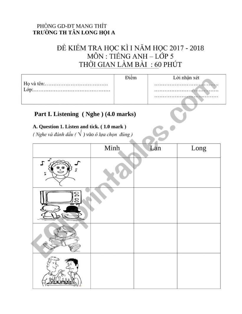 English 5 Term 1 final test worksheet