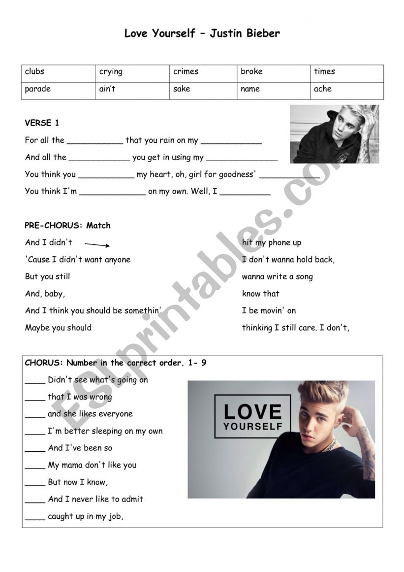 Love yoursefl - Justin Bieber worksheet