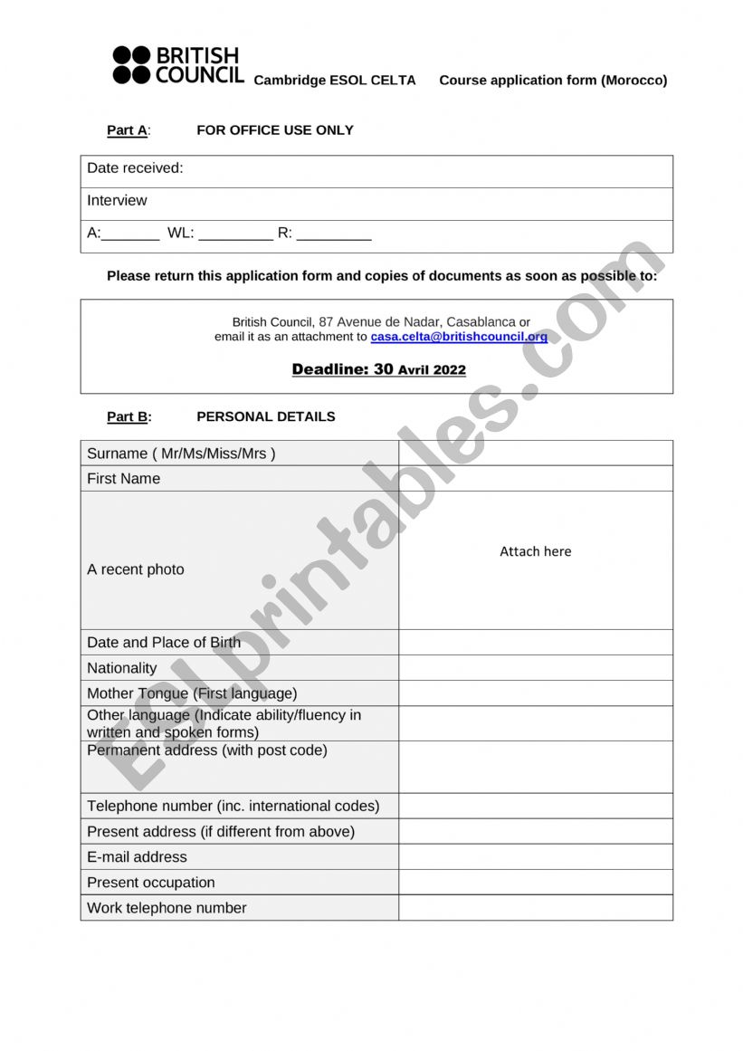 Application form worksheet