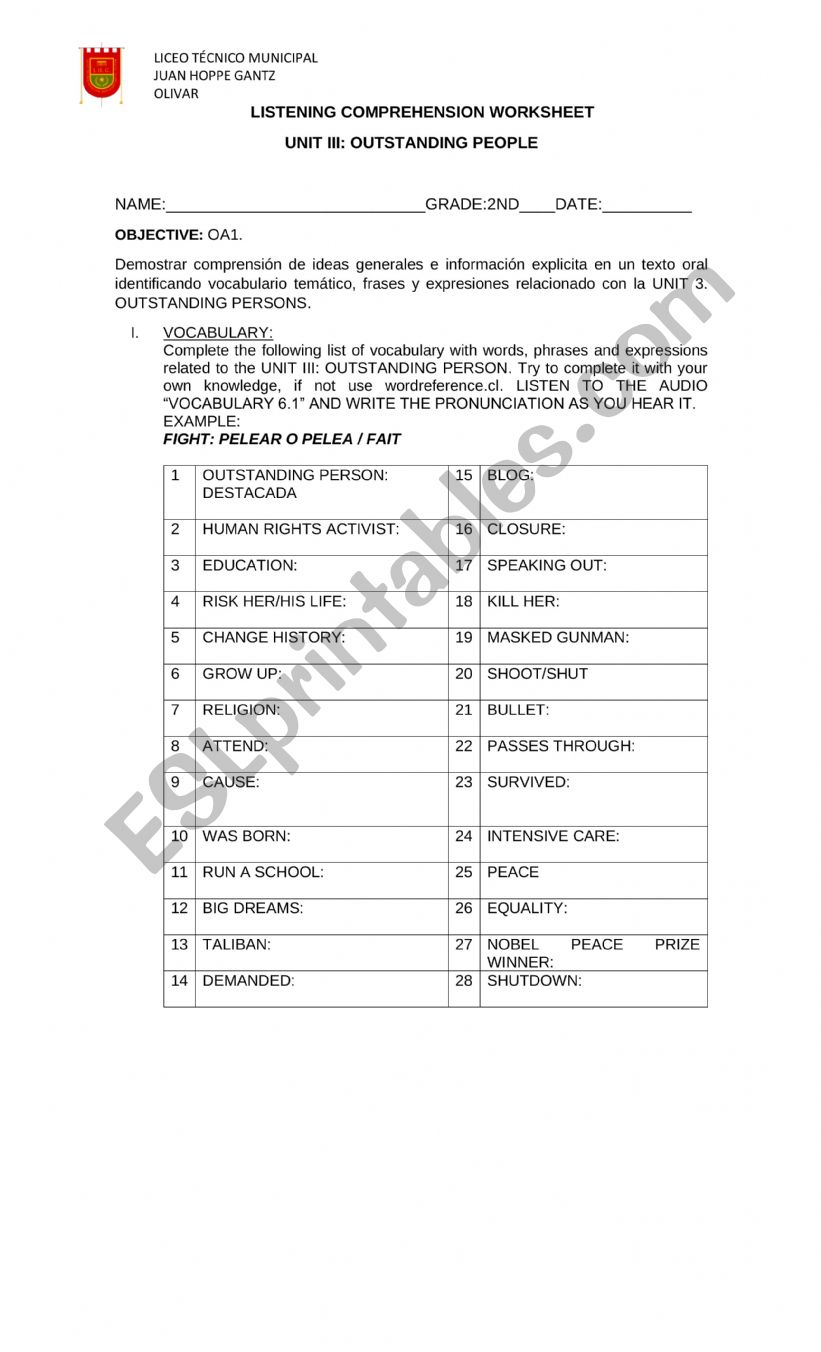 MALALA YOUSAFZAI worksheet