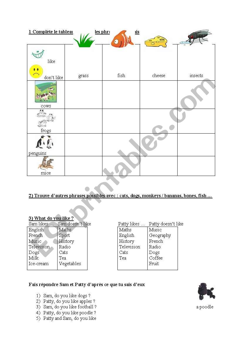 like / dont like exercises worksheet