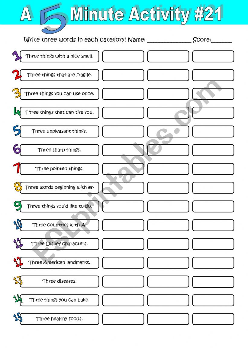 5 minutes activity worksheet