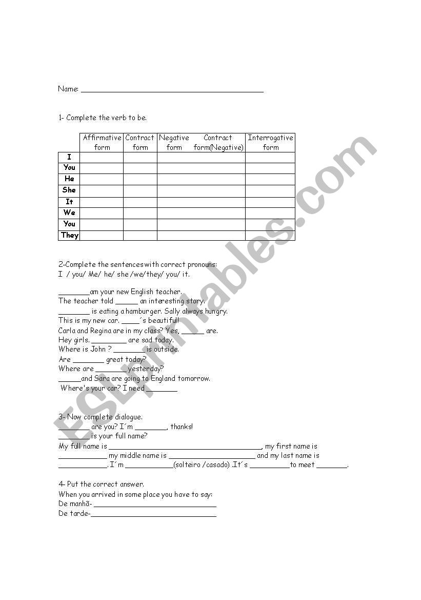 Exercises verbo to be  worksheet