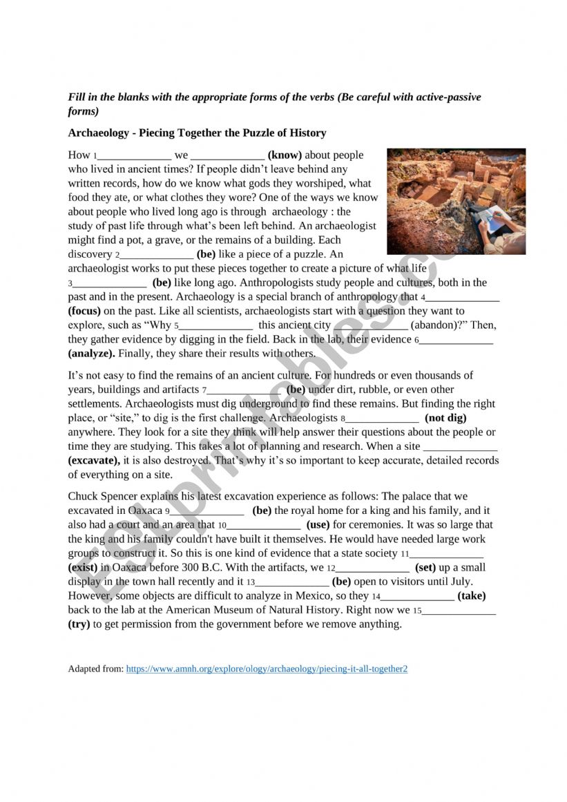 Tense revision (archaelogy) worksheet
