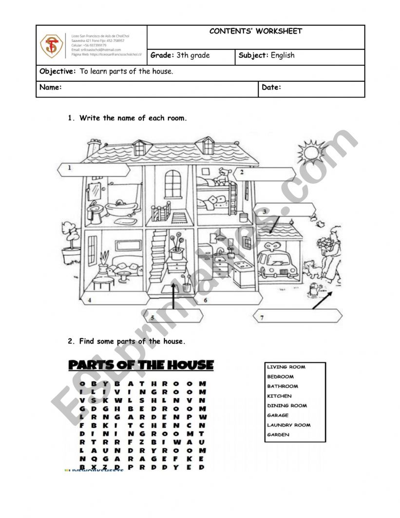 parts of the house worksheet