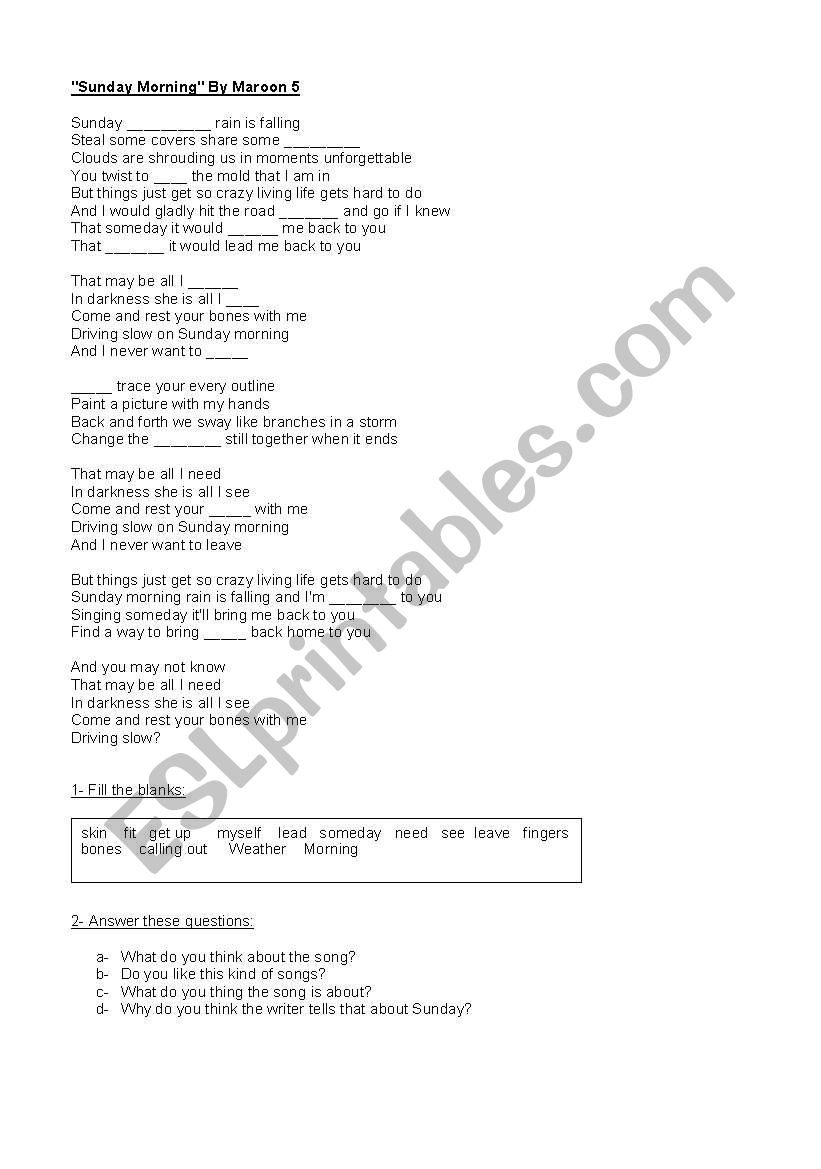 a song worksheet