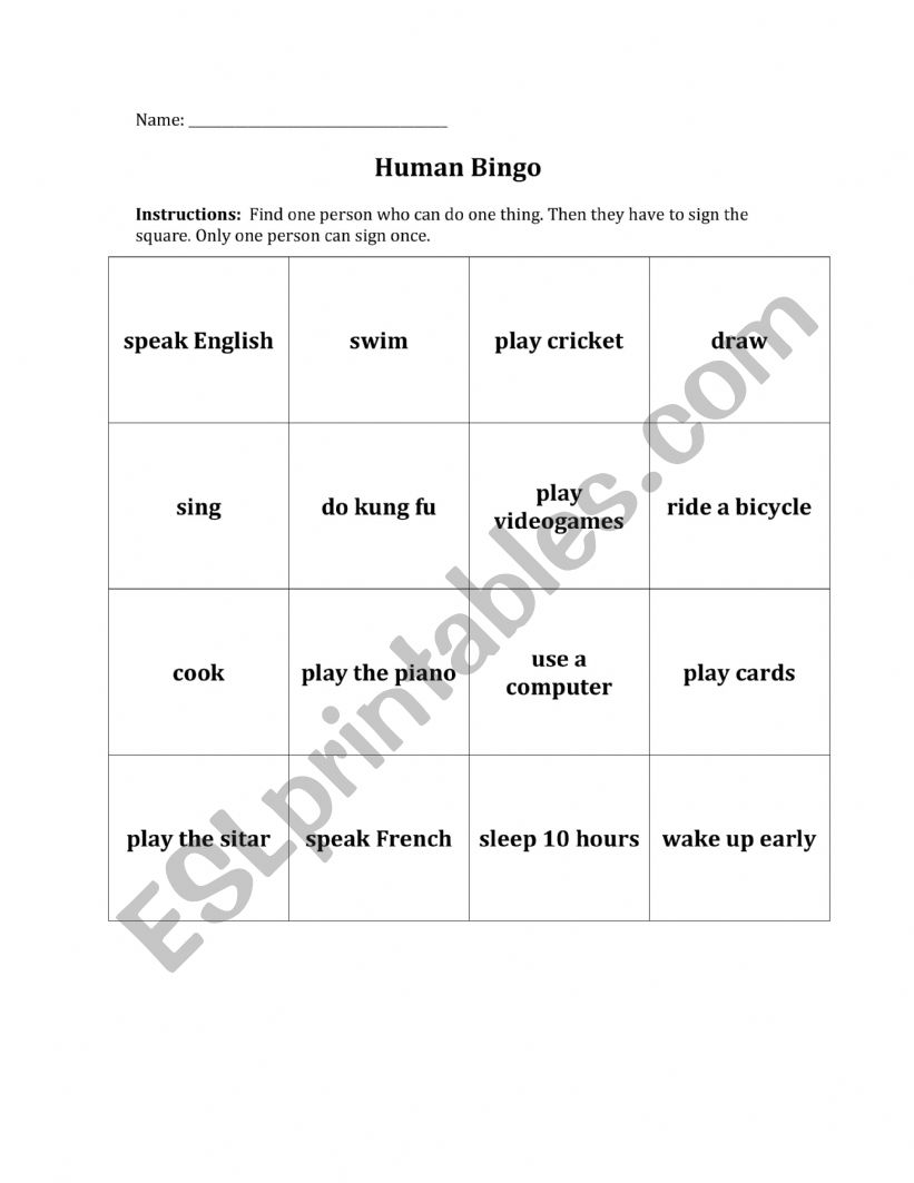 Human Ability Bingo worksheet
