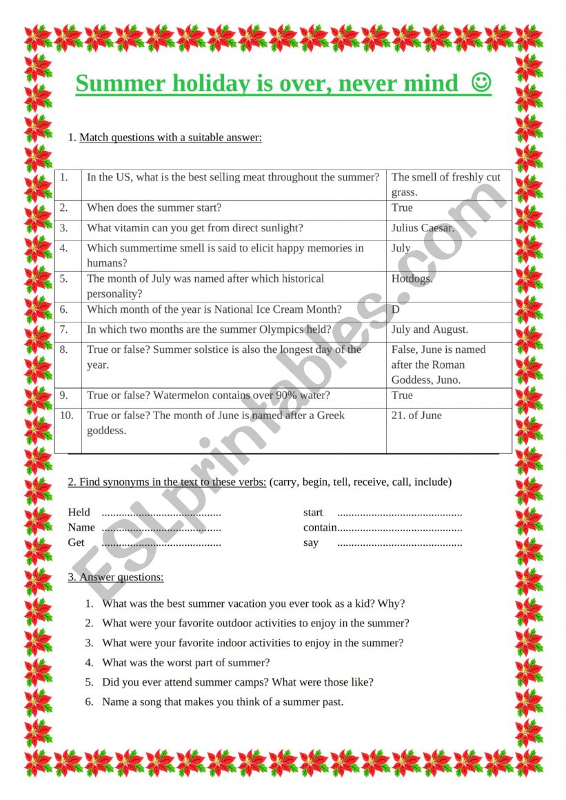 Summer holiday worksheet