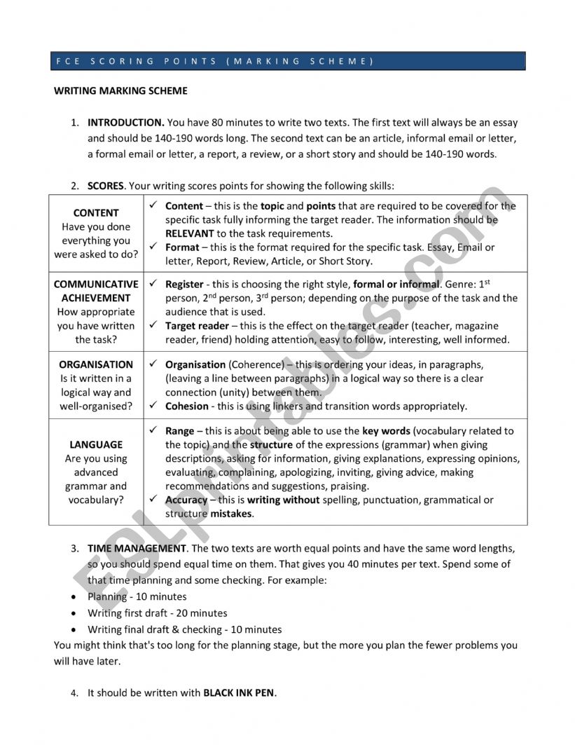 FCE MARKING SCHEME worksheet
