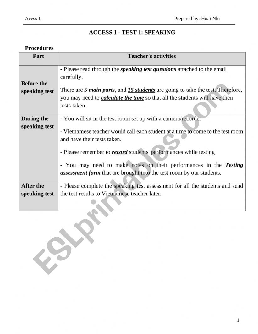 Speaking Access worksheet