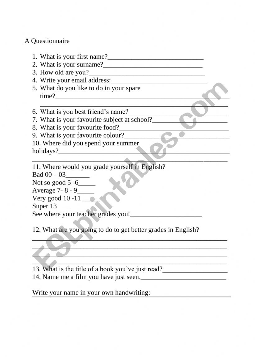 A questionnaire worksheet