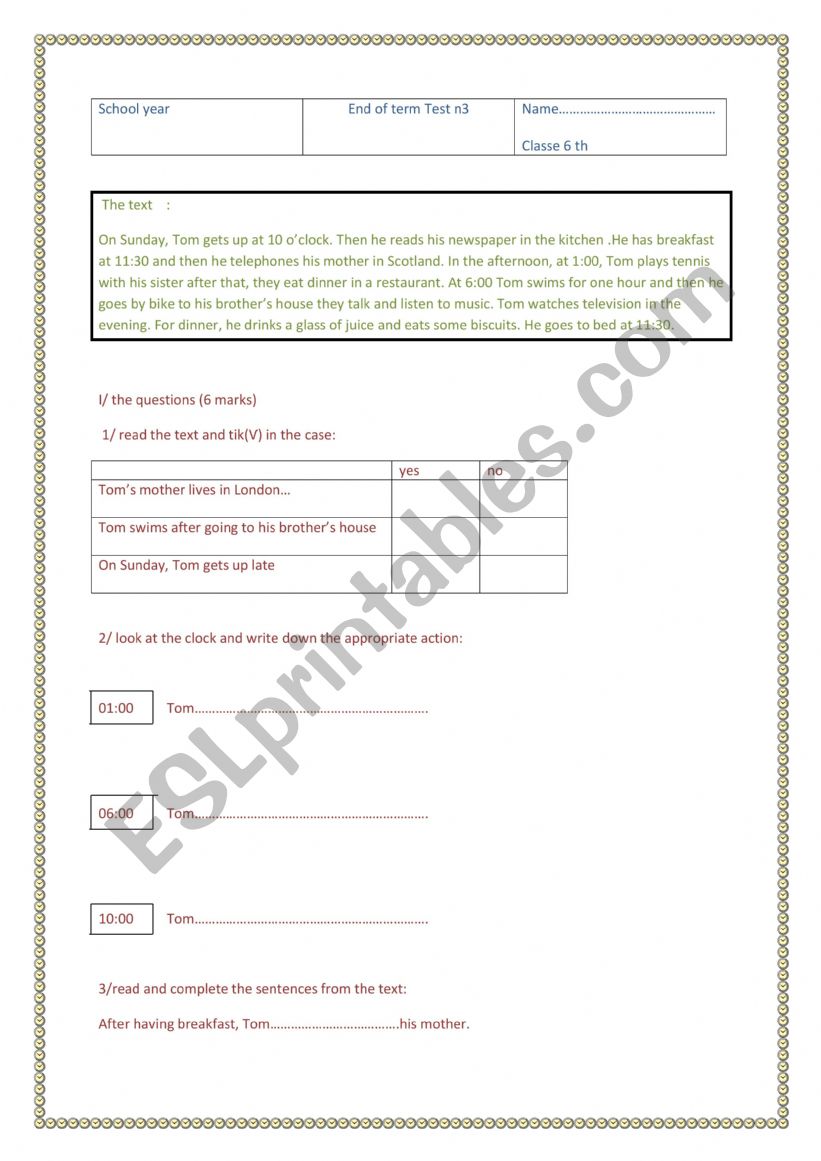 exam worksheet