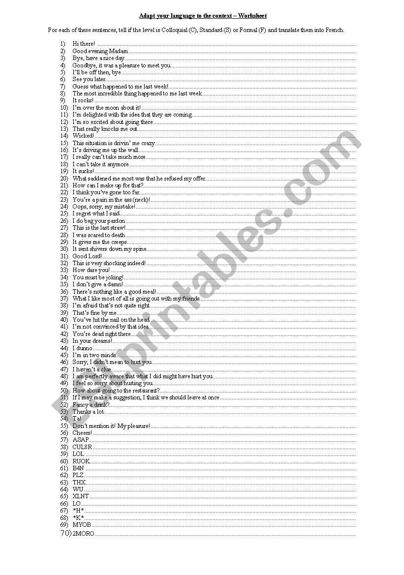 level of language worksheet