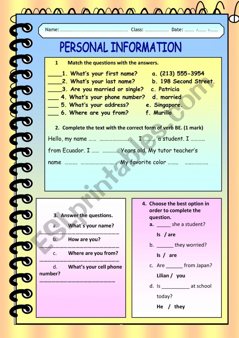 English worksheets: PERSONAL INFORMATION
