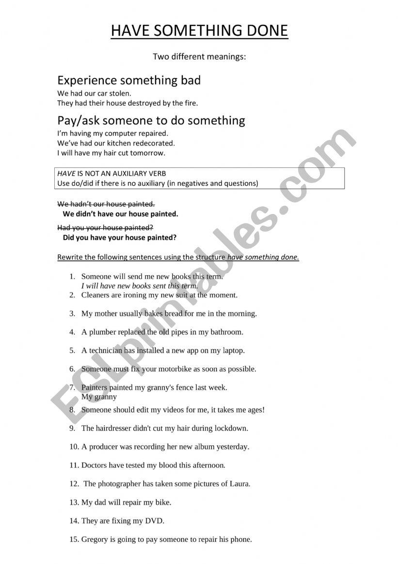 HAVE SOMETHING DONE worksheet