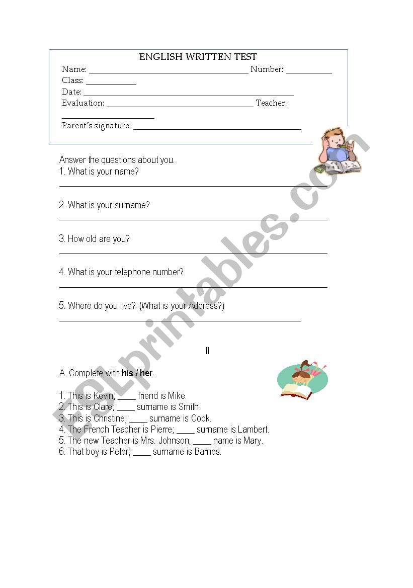 English test worksheet