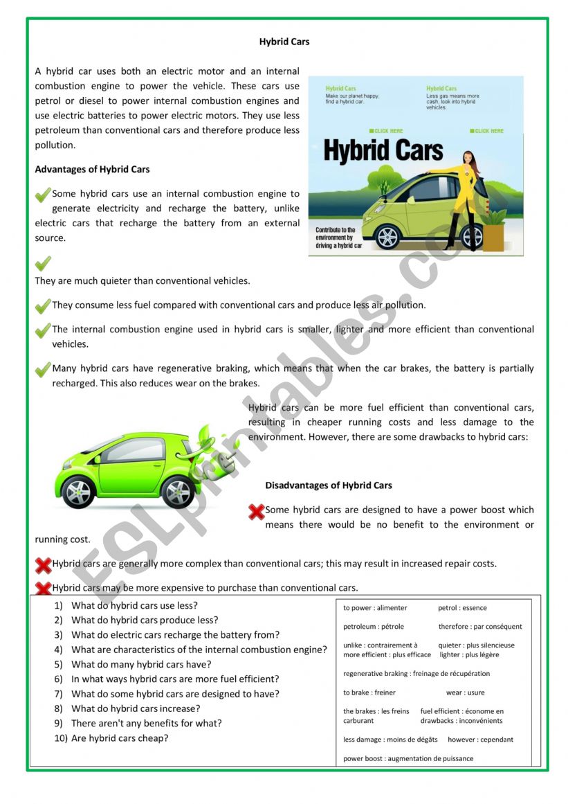 Hybrid cars worksheet