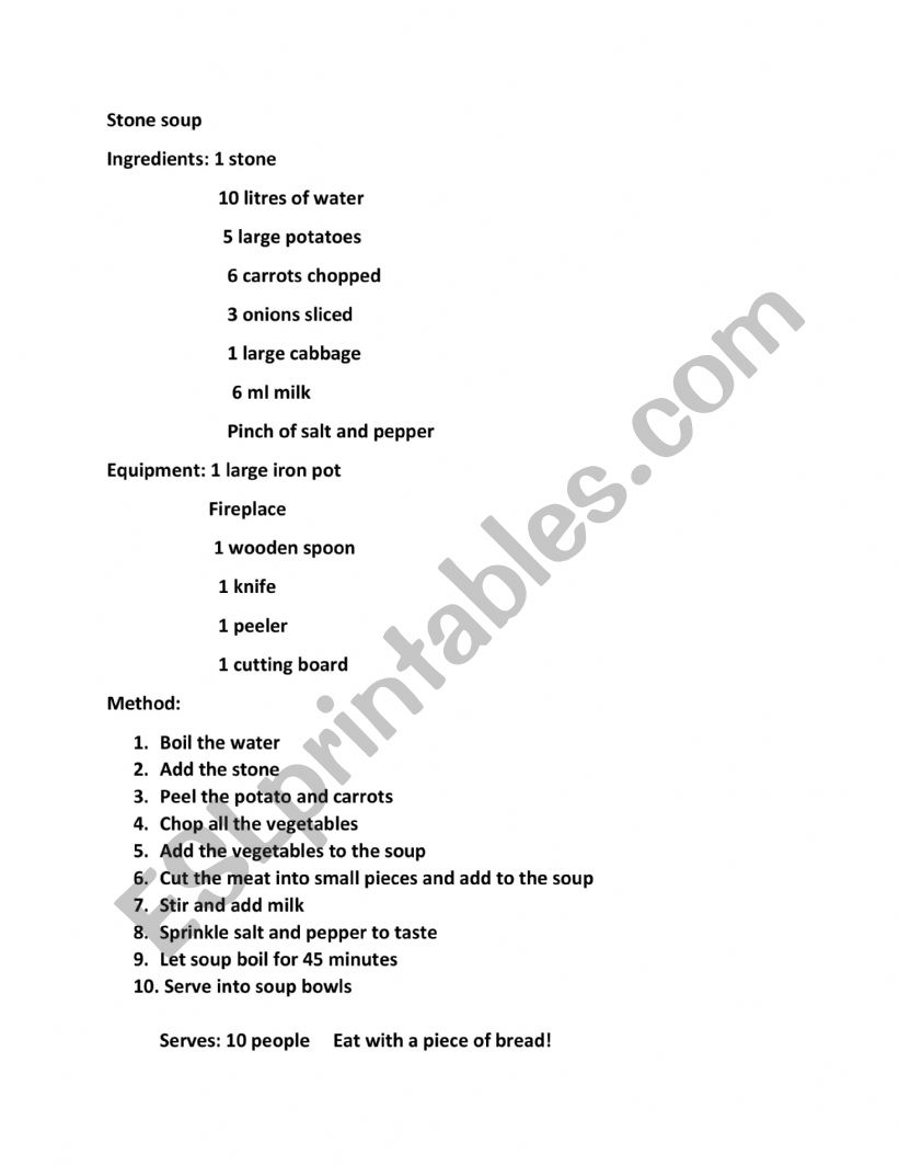 Stone soup recipe worksheet