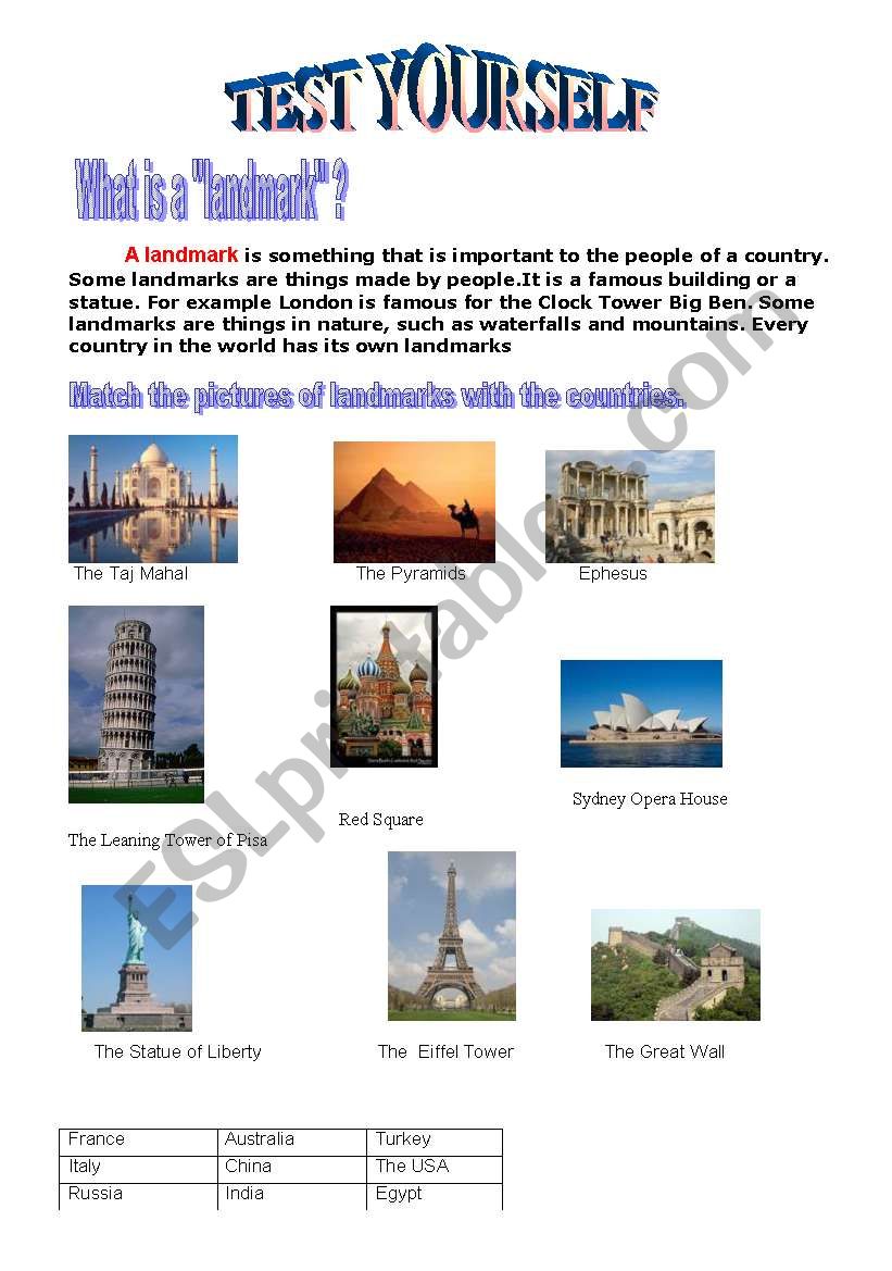 LANDMARKS worksheet